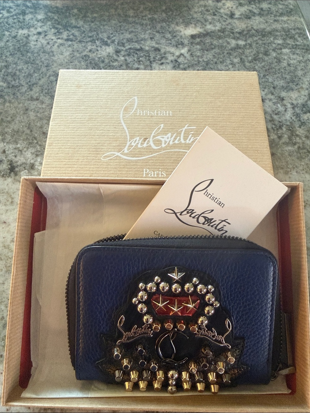 Christian Louboutin Navy Leather Zip-Around Wallet with Stud & Jewel Crest NIB